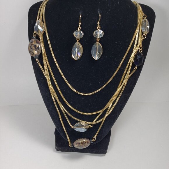 Layered Beaded Gold tone Long Necklace W/ matching Earrings - Women Jewelry - Picture 4 of 11